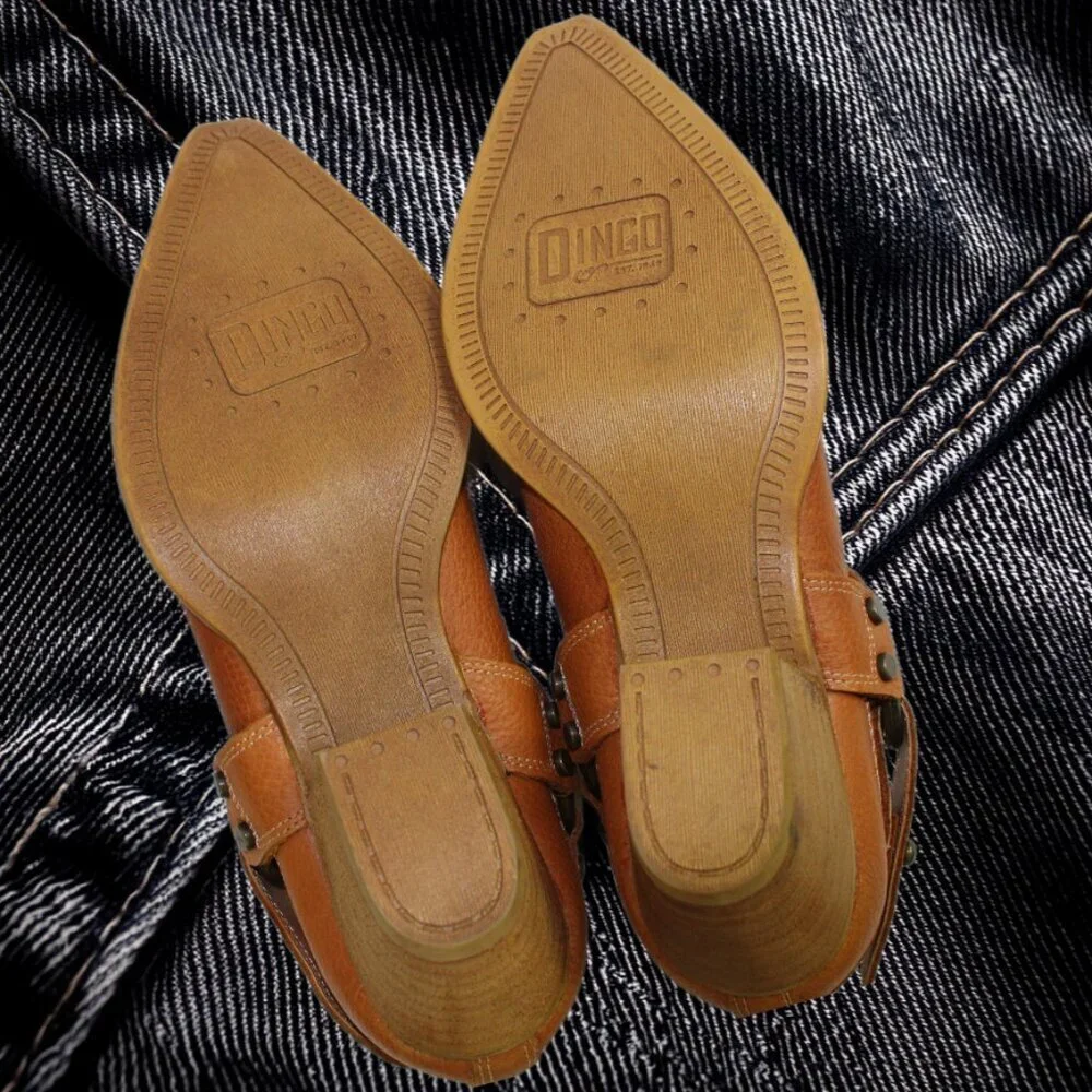 Dingo Kick Back Leather Harness Detail Cognac  Ankle Bootie, Size 6.5